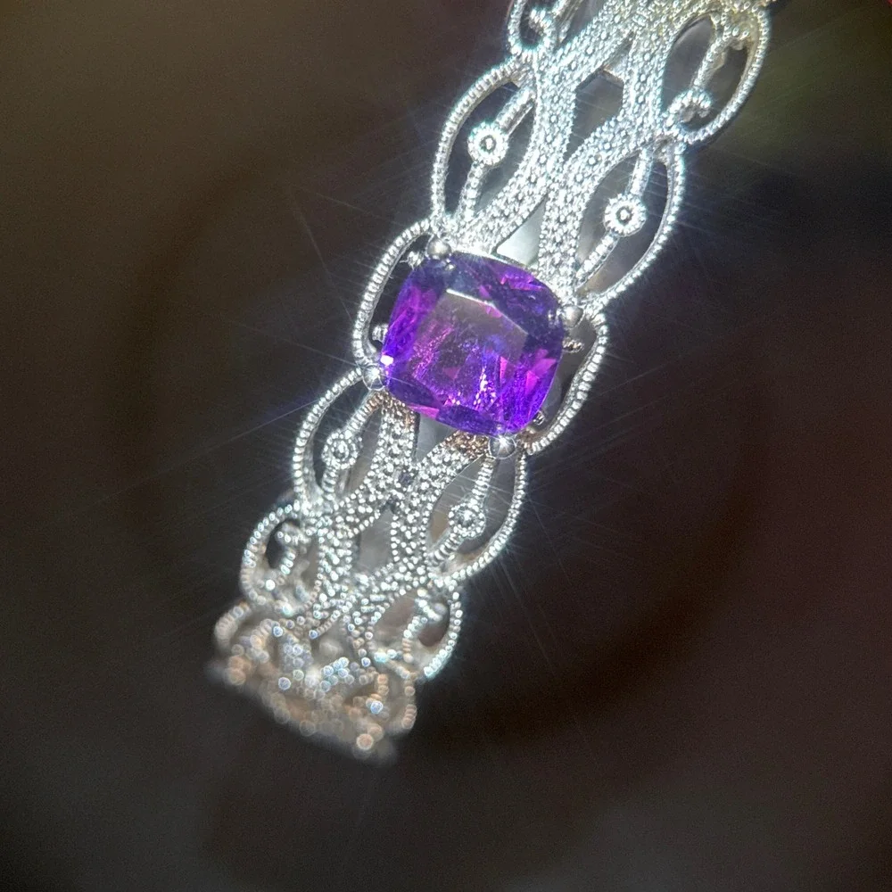BR Amethyst Purple Stone Filigree Bangle Bracelet Silver Tone Vintage Style